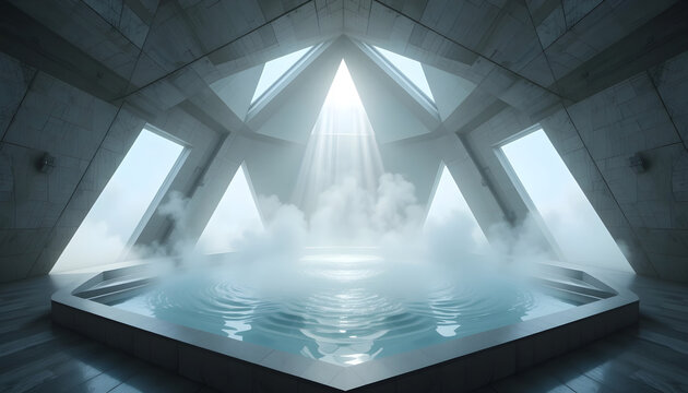Luxurious Modern Spa Pool with Geometric Architecture, Steam, and Sunbeams