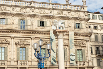 Palazzo Maffei in Piazza delle Erbe, Verona, Italy - a historic Baroque palace with ornate facades,...