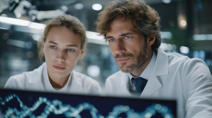 Biotechnology researchers in futuristic lab analyzing rotating holographic DNA strands on digital panels, surrounded by robotic instruments, symbolizing advanced medicine, molecular genetics, and