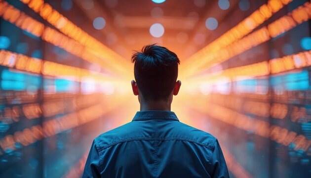 Back view of man looks at future. Person stands before blurred lights thinking about modern digital tech and innovation. Businessman explores new trends contemplates challenge idea.