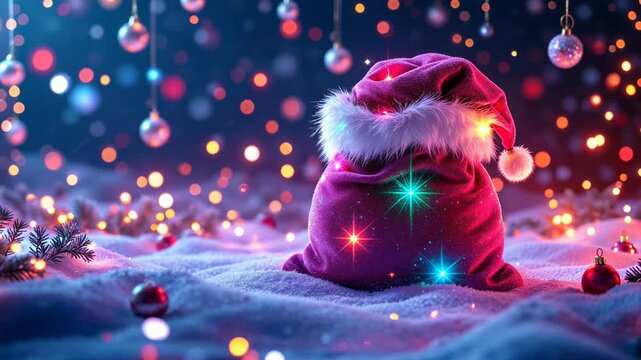 Santa sack filled with glowing gifts sitting in the snow under sparkling Christmas lights