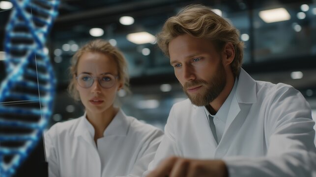 Biotechnology researchers in futuristic lab analyzing rotating holographic DNA strands on digital panels, surrounded by robotic instruments, symbolizing advanced medicine, molecular genetics, and