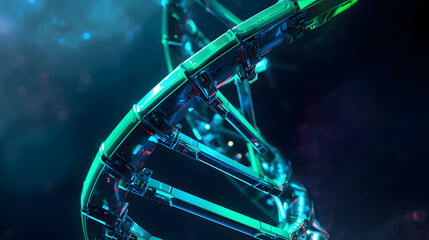 3D rendered DNA helix structure with blue-green glow — biotechnology and genetic research concept