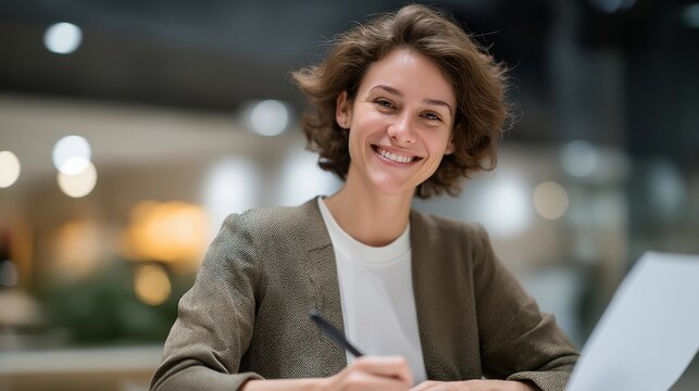 Client smiling while signing final insurance contract in modern office, symbolizing satisfaction, security, peace of mind, and success in professional financial cooperation.  cinematic color