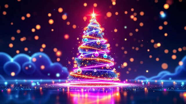 Magical Christmas tree sparkling with neon lights and ornaments in a festive, futuristic setting
