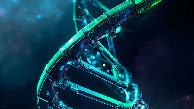 3D rendered DNA helix structure with blue-green glow — biotechnology and genetic research concept