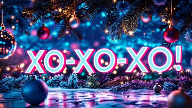 Festive Christmas scene with a glowing neon xo xo xo sign, decorations, and twinkling lights