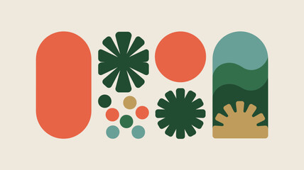 Abstract geometric shapes in earthy tones including circles and floral patterns on a light background