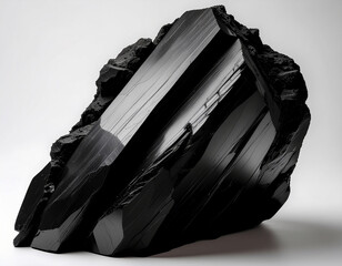 Black Obsidian Igneous Rock with Glossy Surface on White Background