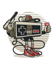 This eye-catching design showcases a nostalgic gaming controller transformed into a character holding a gun and drink, representing gaming culture and 80s aesthetics.