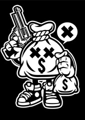 This image features a cartoon character holding a bag of money and a gun, symbolizing theft and greed, with an emphasis on dollar signs radiating the theme of wealth.