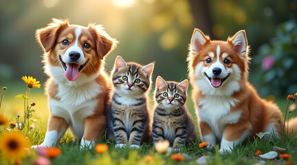 Adorable fluffy puppies and kittens enjoying a sunny day in a vibrant meadow filled with wildflowers, radiating pure joy and companionship.