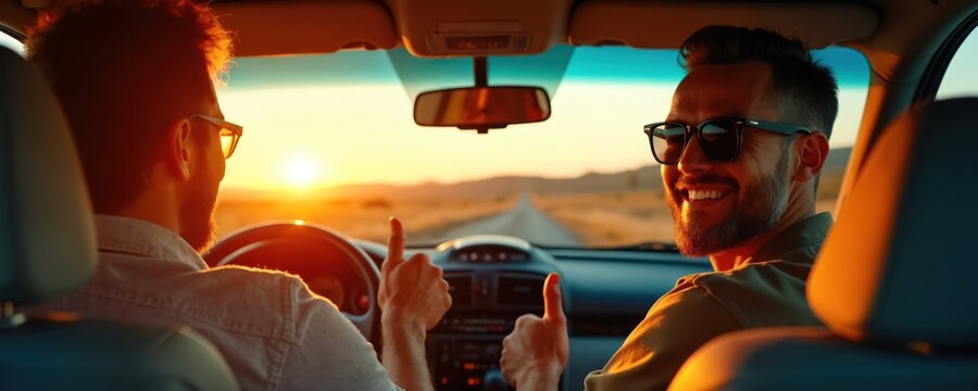 Two men enjoy road trip at sunset. Smiling friends driving in car through scenic landscape during evening. Adventure travel with vehicle on vacation.