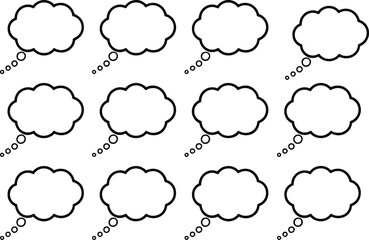 Cartoon thought bubbles, blank cloud shapes, comic-style icons, graphic design elements, empty dialogue balloons, vector illustration, creative template, speech cloud symbols, outline bubbles