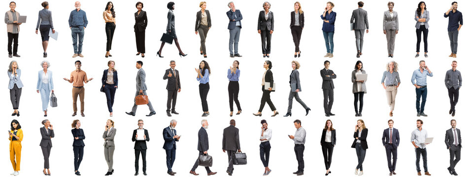 Set of business people in various actions on isolated background. Businesspeople, businesswomen, businessmen office worker in full body length studio professional shot in casual and formal wear