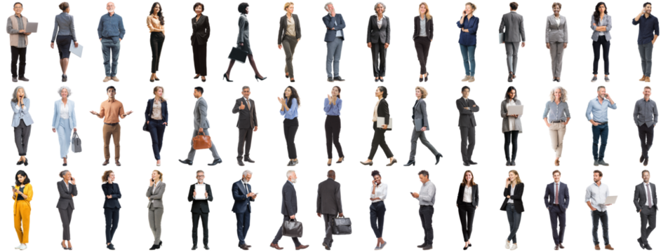 Set of business people in various actions on isolated background. Businesspeople, businesswomen, businessmen office worker in full body length studio professional shot in casual and formal wear