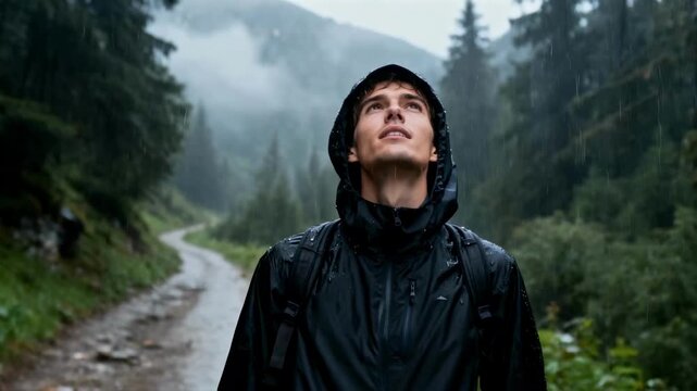 A young man in a raincoat looks up at the sky while hiking in the rain. Hiker standing on a forest trail in wet, atmospheric weather. Adventure and connection with nature concept