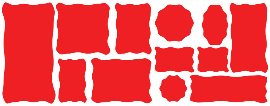  Vector wavy rectangles with red texture, irregular colorful text boxes. Crayon drawn squares and rectangles with wavy rough edges.doodle hand drawn frames with irregular uneven ... 