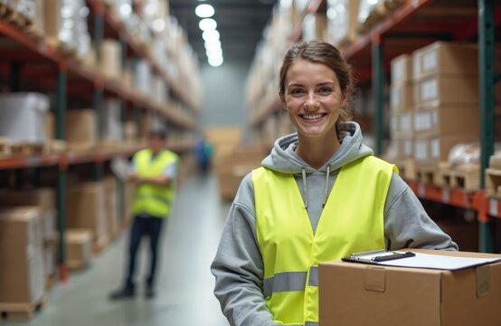 Happy female worker poses with box in warehouse. Woman wears safety vest in industry. Confident employee smiles indoors. Distribution center job. People work in storehouse stock management.