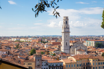 Aerial view of Duomo di Verona, Cattedrale di Santa Maria Matricolare, rising above historic center...