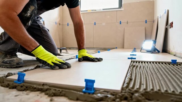 A professional tiler laying large ceramic tiles on a floor. A construction worker installing new flooring with a tile leveling system during a home renovation. Skilled labor and craftsmanship concept