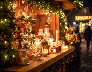 Cozy Christmas market stall decorated with glowing candles, garlands, and shiny ornaments