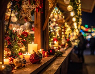 Warm and cozy Christmas market stall beautifully decorated with candles, garlands, baubles, and fairy lights