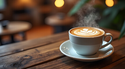 Steaming hot latte art coffee cup on rustic wooden table, creating cozy cafe ambiance and morning comfort.