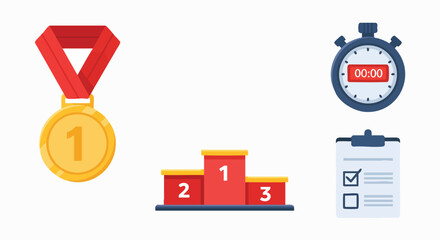 Sports achievement icons set medal podium stopwatch clipboard victory success competition award challenge goal time vector illustration flat design