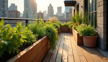 Obraz premium Urban balcony garden with many green plants, herbs in wooden planters, pots. City skyline buildings in background under warm sun light. Apartment terrace green space offers fresh eco life. Rooftop