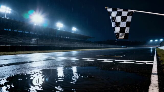 Checkered flag at a race track finish line on a rainy night. Raindrops creating ripples on the wet asphalt. Dramatic motor sport competition and victory concept