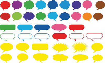 Colorful speech and thought bubble set, comic-style dialog shapes, pop art vector icons, cartoon message design, graphic storytelling elements, communication template pack