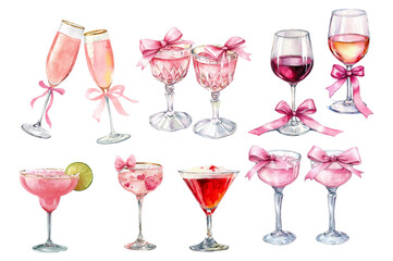 Watercolor set of cocktails Coquette. Glasses with pink coquettes, champagne and wine decorated with bows. Romantic pink drinks for Valentine's Day. Cute aesthetic cocktails Coquette.