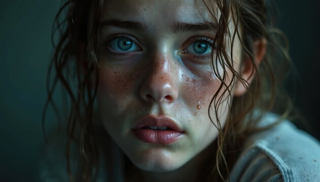 Close up portrait of tearful sad woman. Lady shows grief and sorrow with tears in eyes. Expression of melancholy and depression. Feeling pain, solitude, loss. Psychological distress during solitude