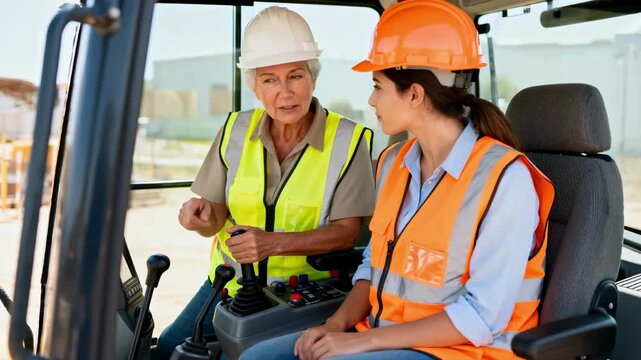 Senior female instructor teaches a young apprentice to operate heavy machinery. Women in safety gear inside an excavator cab at a construction site. On-the-job training and mentorship concept
