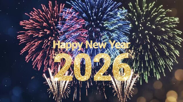 Happy New Year 2026 Fireworks Display - This festive video showcases a vibrant fireworks display against a dark blue background, celebrating the arrival of the New Year 2026.