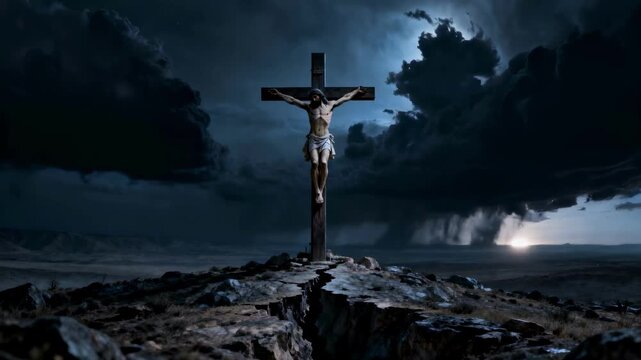 The crucifixion of Jesus Christ on a cross atop a cracked hill. A dramatic, dark storm with moving clouds and lightning. A cinematic animation representing sacrifice, faith, and salvation