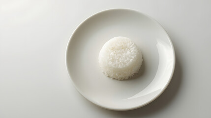 Close-up of a soft white rice ball served on a round plate — clean minimalist food photography