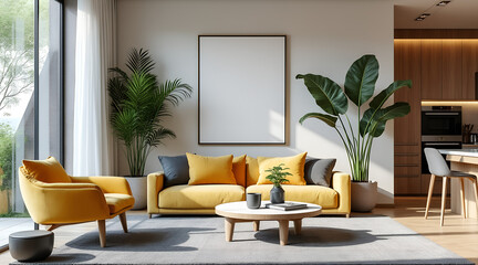 Stunning modern living room featuring a vibrant yellow sofa, comfortable armchair, and lush green plants, perfect for interior design inspiration.