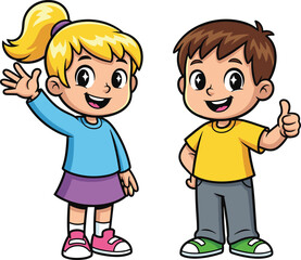 Cartoon boy and girl standing side by side, smiling, waving and thumbs-up gesture, cheerful kids vector illustration for educational use