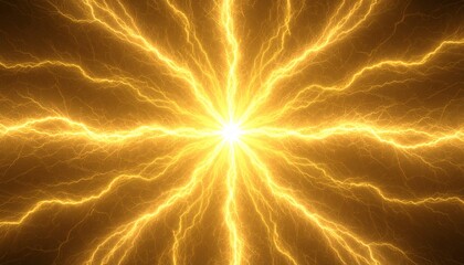 中央から放射する黄金の稲妻. Golden Lightning Radiating from the Center. AI generated.