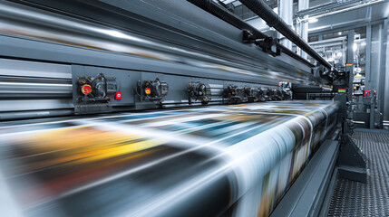 A large industrial printer in action, producing a vibrant print run