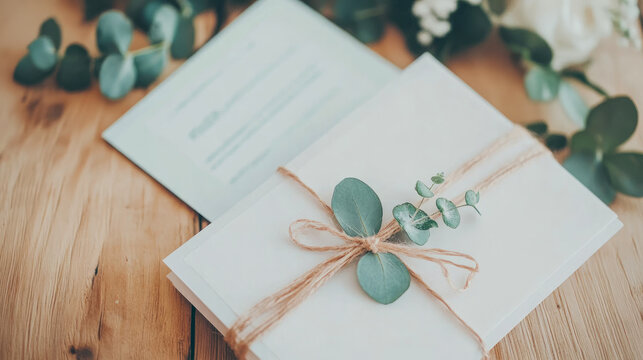 Rustic chic wedding invitation set featuring natural twine and fresh eucalyptus sprigs, presented on warm wooden background for special occasions.