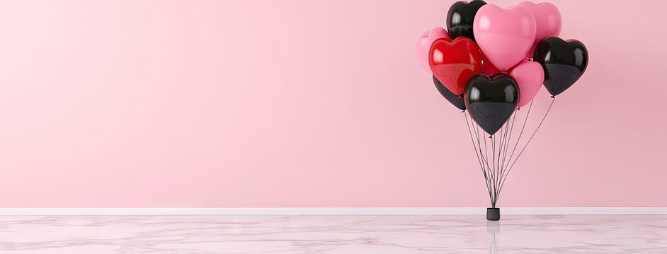 A collection of heart-shaped balloons floating against a soft pink backdrop, ideal for celebrations and heartfelt messages