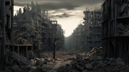 A desolate and haunting image depicting a ruined cityscape under a somber, cloudy sky, evoking a sense of post-apocalyptic devastation and abandonment.