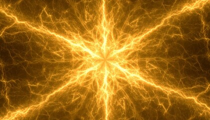 中央から放射する黄金の稲妻. Golden Lightning Radiating from the Center. AI generated.
