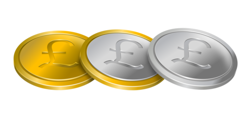 Three coins with pound sterling currency symbol arranged in a row, gold and silver. Money concept, isolated on transparent background.