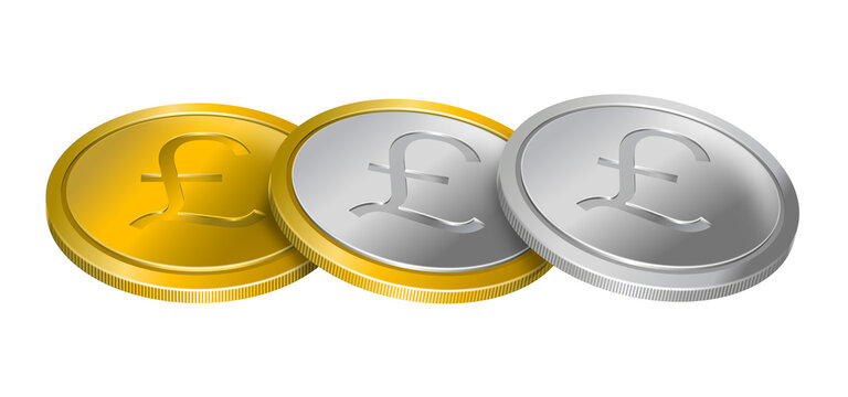 Three coins with pound sterling currency symbol arranged in a row, gold and silver. Money concept, isolated on transparent background.