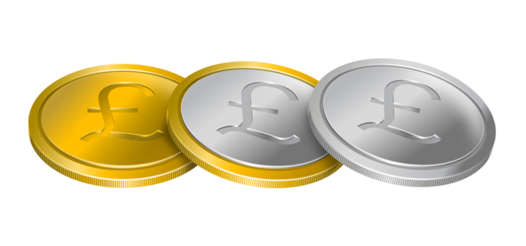 Three coins with pound sterling currency symbol arranged in a row, gold and silver. Money concept, isolated on transparent background.