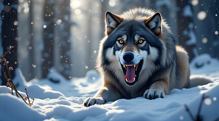 Fierce wolf with glowing eyes bares teeth and tongue in snowy forest, exuding raw power and wild spirit.